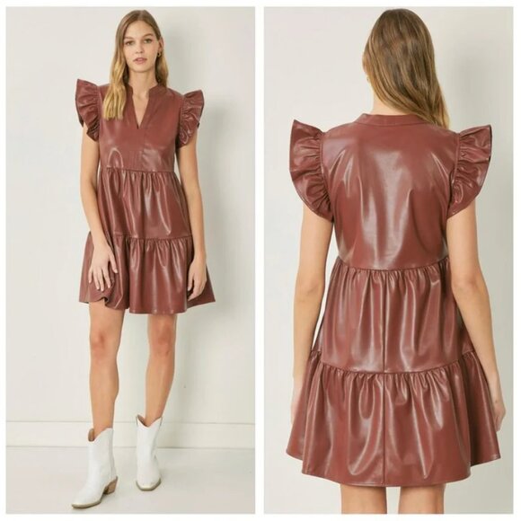 Entro Chocolate Faux Leather Tiered Dress w/ Ruffle Sleeves, Size Medium - Picture 2 of 2